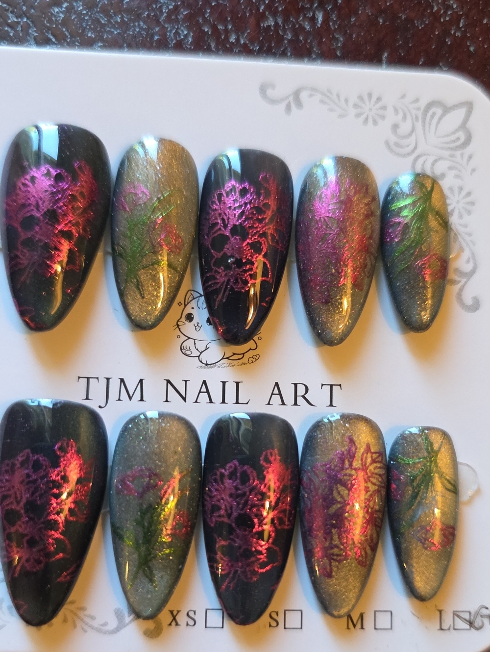 Metallic Black and Multicolor Floral Press-On Set Size Large